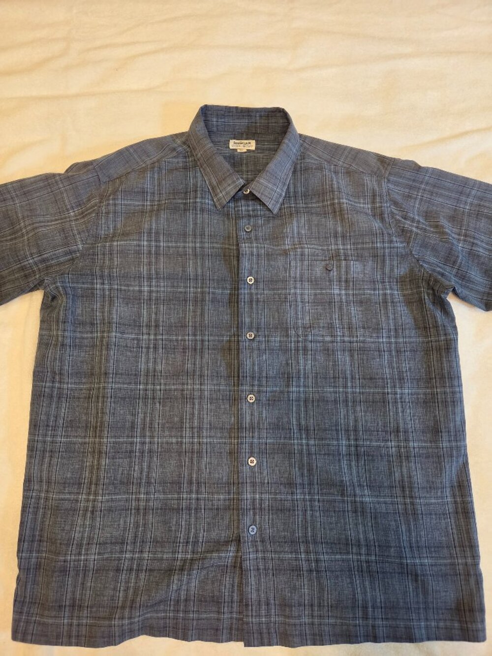Haggar Cool 18 Tec Shirt Men's 2XLT Blue Plaid Short Sleeve Button Front Polyest